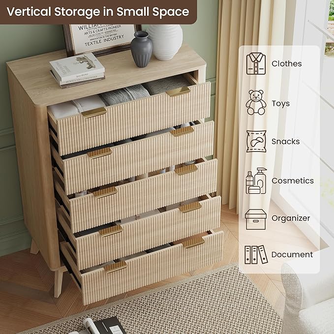 SUNWAVE Fluted 5 Drawer Dresser for Bedroom, 43.3" Tall Dressers with Round Corner, Mid-Century Modern Wood Chest for Living Room, Entry