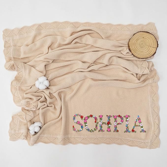 Luxury Personalized Baby Blanket, Soft Breathable Cotton Knit, Custom Embroidered Name Blanket, Newborn Baby Gift, Baby Shower Present, Gifts for New Mom, Baby Girl & Boy Style 4