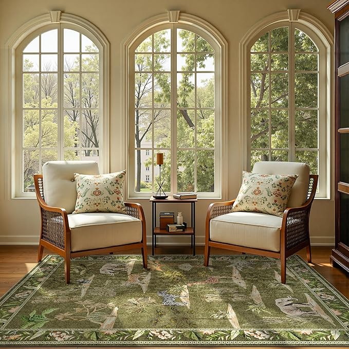 jinchan Jungle 5x7 Green Animals Print Living Room Rug, Machine Washable Soft Ultra-Thin Non-Slip Area Rug Throw Christmas Carpet for Bedroom Kids Playroom Dining Room Courtyard (5'x7', Green)