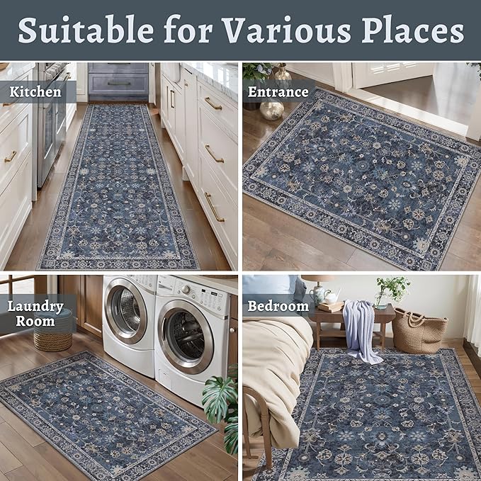 Tangsoo 2x4 Washable Rug for Entryway, Vintage Floral Entry Rug Non Slip, Indoor Front Door Small Rugs, Distressed Blue Print Door Mat Carpet, Soft Low Pile for Entrance Kitchen Bedroom Bathroom
