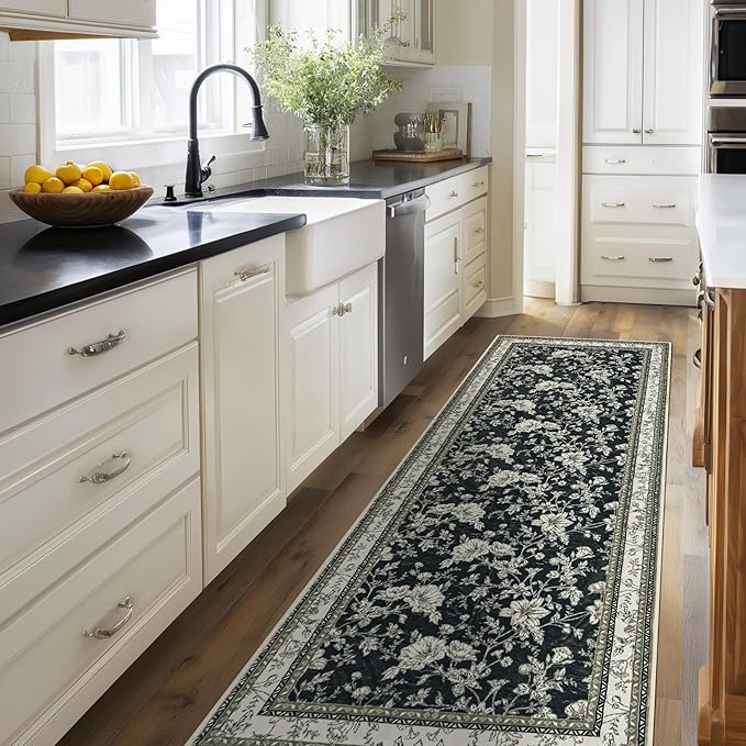 Black Boho Washable 3x8 Extra Long Hallway Runner Rug, Extra Large Kitchen Floor Rug Indoor Entryway, Non-Slip Low Pile Machine Washable, Vintage Farmhouse Cream Beige Taupe Pattern Floral Design