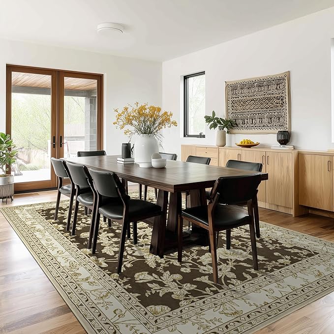 Brown Floral Print Area Rugs for Bedroom Living Room Boho Farmhouse Country Rustic Dining Room Carpet Soft Washable Rugs Non Slip Floor Covering for Nursery Playroom 10x14