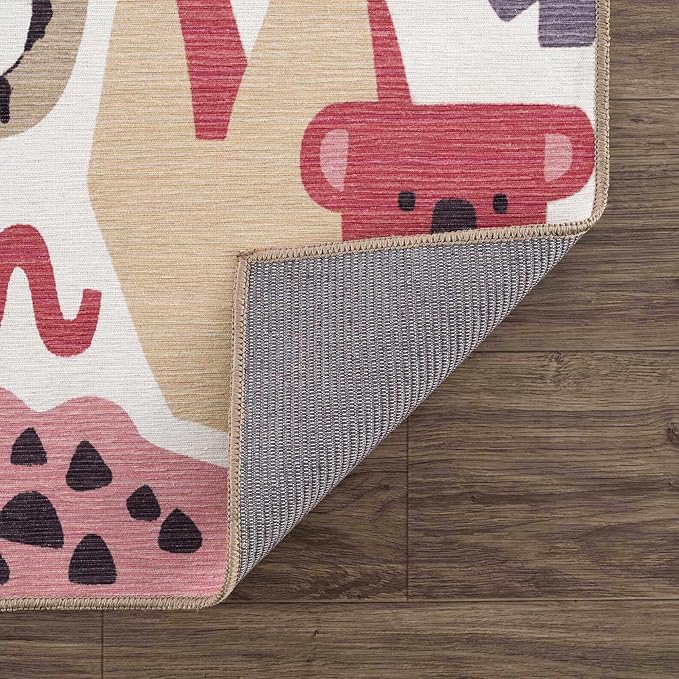 Hauteloom Natal Kids Room, Nursery Machine Washable Area Rug - Animals - Beige, Terracotta - 5'3" x 7'3"