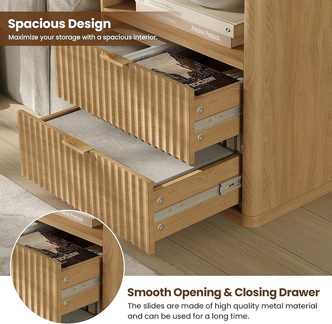 Fluted Nightstand Set of 2 with Charging Station, 21.7" Wide Modern Night Stand with 2 Drawers Open Storage Cabinet, Wooden Bedside End Table for Bedroom, Natural Oak