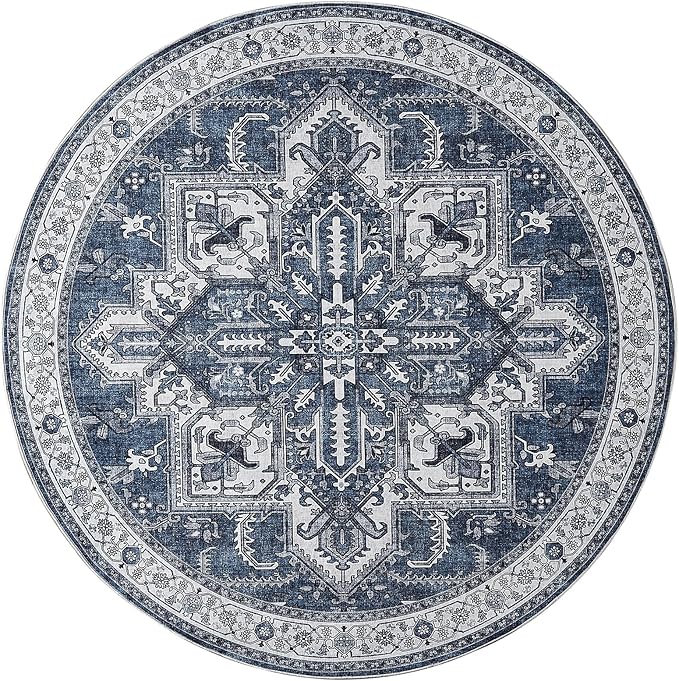 WITSHOCK 6Ft Blue Round Washable Area Rugs - Vintage Boho Distressed Oriental Farmhouse - Non Slip Low Pile Circle Carpet for Living Room Bedroom Kitchen Dining Room, Foldable Soft Pet Friendly Rug