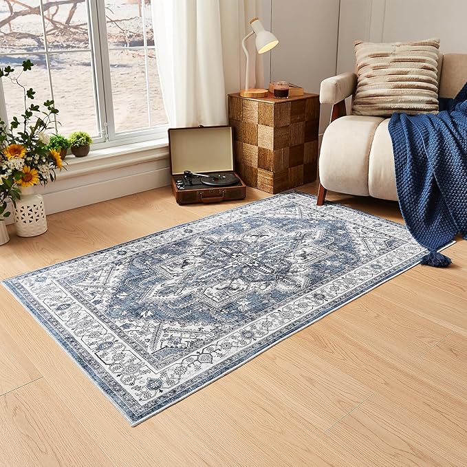 WITSHOCK Living Room Area Rugs 4x6: Washable Rug Boho Soft Non-Slip Low Pile Stain Resistant Foldable Carpet for Bedroom Playroom Dining Room Office Kitchen Farmhouse Home Decor Rug-Blue