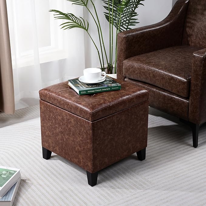 Adeco 18" Storage Ottoman Foot Rest Stool, Walnut Leather Ottoman with Black Solid Wood Legs and Hinged Lid, Small Foot Stool for Living Room, Bedroom