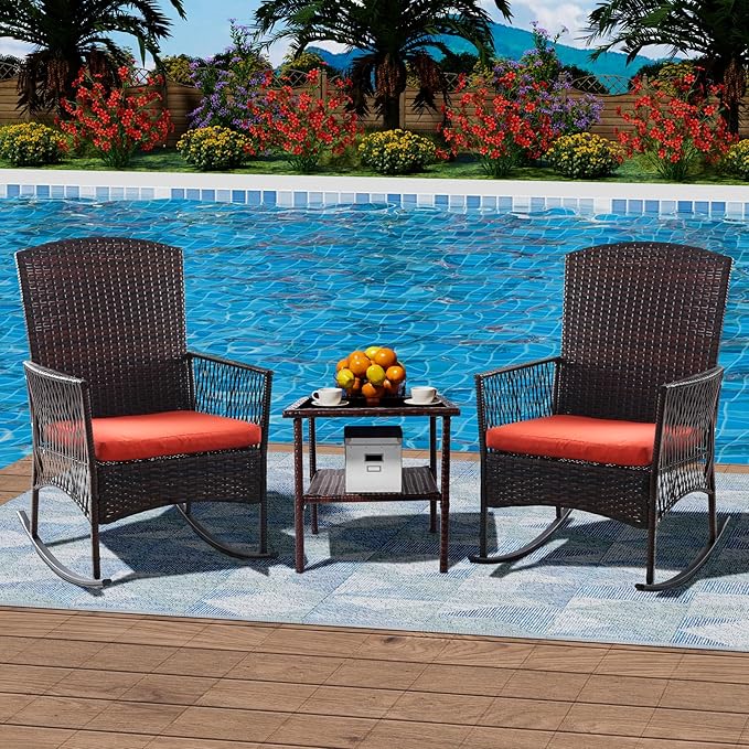 DECMICO Outdoor Rattan Wicker Rocking Chair 3 Pieces Patio Conversation Furniture Bistro Sets with Side Table and Cushions for Porch Garden and Balcony
