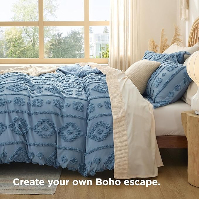 Bedsure Boho Duvet Cover Queen Size - Dusty Blue Tufted Boho Bedding, Farmhouse Shabby Chic Embroidery Bedding for All Seasons, 3 Pieces, 1 Soft Jacquard Queen Comforter Cover and 2 Pillow Shams