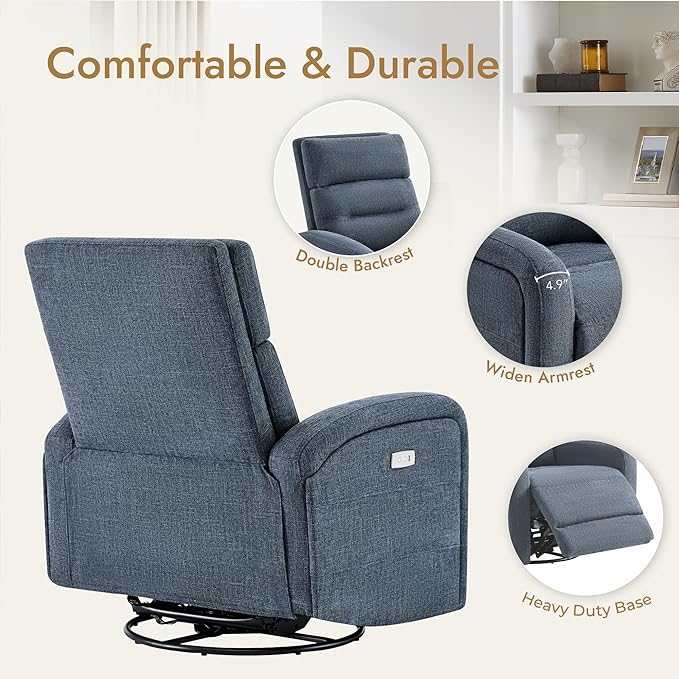 Watson & Whitely Swivel Power Recliner Glider Rocker, Small Recliner with Charging Port for Living Room, Fabric in Blue