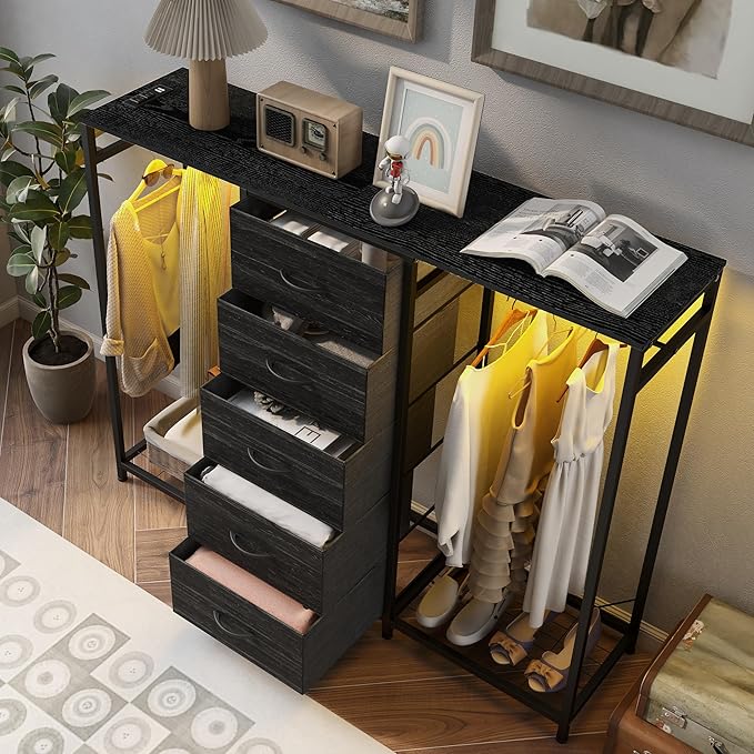 Dresser for Bedroom with Clothes Rack 5 Drawer Dresser with Charging Station LED Lights White Chest of Drawers Flexible Shelf and Open Storage Space for Bedroom Living Room (Charcoal Black)
