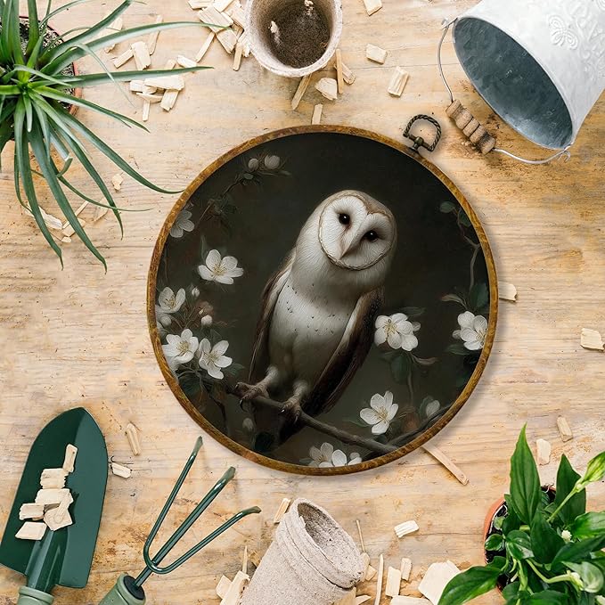 Hiuwevt Vintage Floral Owl Round Wall Art Decor, Dark Academia Cottagecore Flower Framed Canvas Prints, Gothic Owl Round Wall Hanging Decor for Home Living Room Decorations, 10x10 Inches