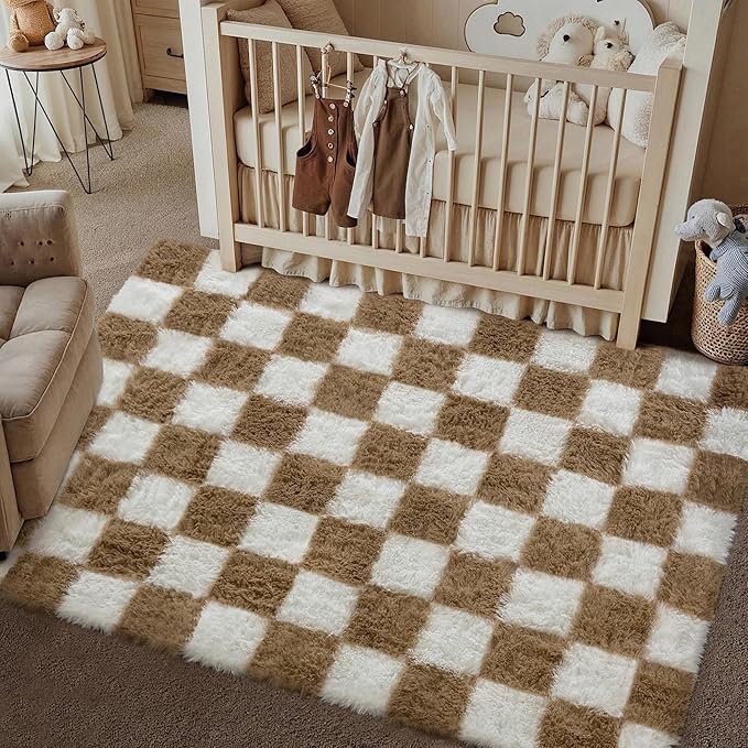 Checkered Rug 3x5 for Living Room, Beige and White Modern Shag Rug Super Soft Washable Indoor Fuzzy Carpet Non-Slip Fluffy Rugs for Bedroom Home Aesthetic Decor