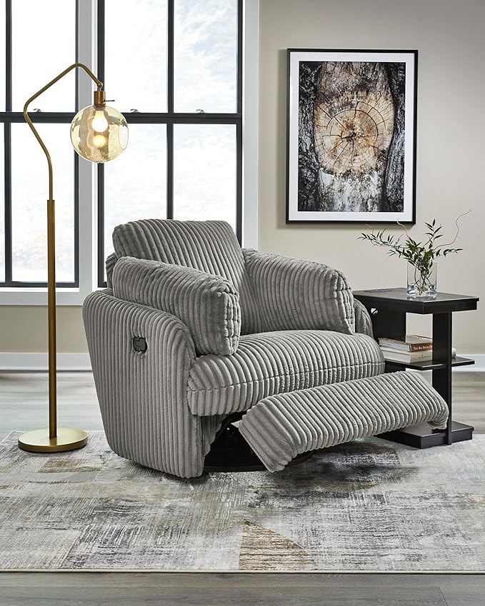 Signature Design by Ashley Tie-Breaker Swivel Glider Recliner, 2 Bolster Pillows, Hidden Storage, Fabric Upholstery, 41.38" W x 40.25" D x 39.75" H, Light Gray
