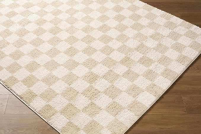 BoutiqueRugs Canika Modern Checkered Shag Rug - High Pile Fluffy Shaggy Carpet for Hallway, Nursery, Playroom, Girls Boys Room - Machine Washable - Peach, Beige - 2' x 2'11"