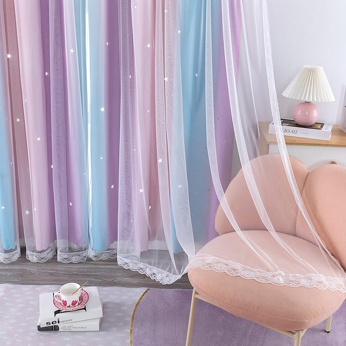 XiDi Curtains 63 Inch Length for Girls Bedroom Kids Blackout Curtains Rainbow Cute Colorful Unicorn Princess Theme Home Decor Living Room Darkening Grommet Drapes, Pink/Purple W52 X L63 2 Panels Set
