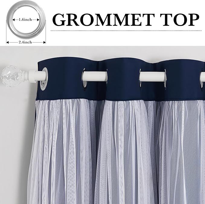 PONY DANCE Navy Blue Curtains Blackout - Room Darkening Curtains with Sheer Elegance Drapery Layered Drapes Mix and Match for Living Room/Kids Bedroom (Set of 2, 52x63 inch, Free Tie-Backs)