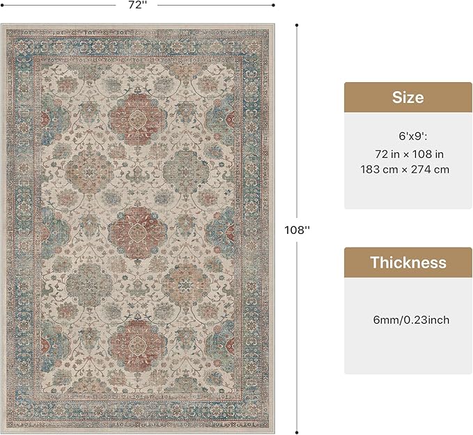 GENIMO Vintage Area Rug 6x9, Boho Living Room Rug with Non-Slip Backing, Machine Washable Low Pile Indoor Carpet for Bedroom, Dining Room, Nursery Room, Teal&Red