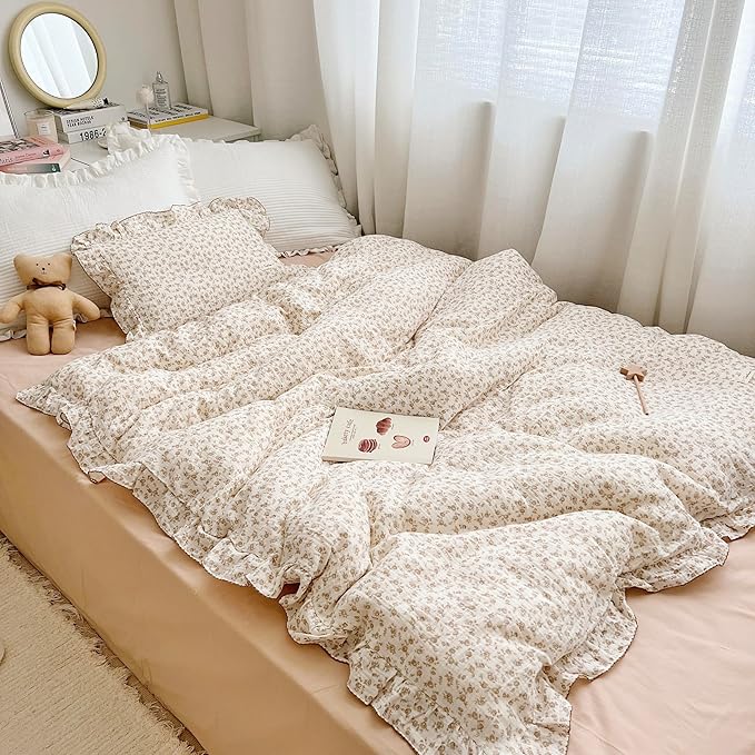 AOJIM Floral Muslin Duvet Cover for Girls Boys, 1 Piece Pure Cotton Toddler Bedding Duvet Cover with Ruffled Edge, Camellia Pattern Kids Comforter Cover 2-layer Gauze, 59X79'', No Quilt or Pillowcases