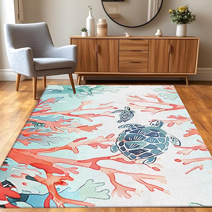 Ocean Coral Rugs,3x5ft Beach Carpet Red Blue Coral and Green Seaweed Printed Rugs,Ocean Themed Carpet for Bedroom Living Room Children's Room Cute Pink Non Slip Floor Mats