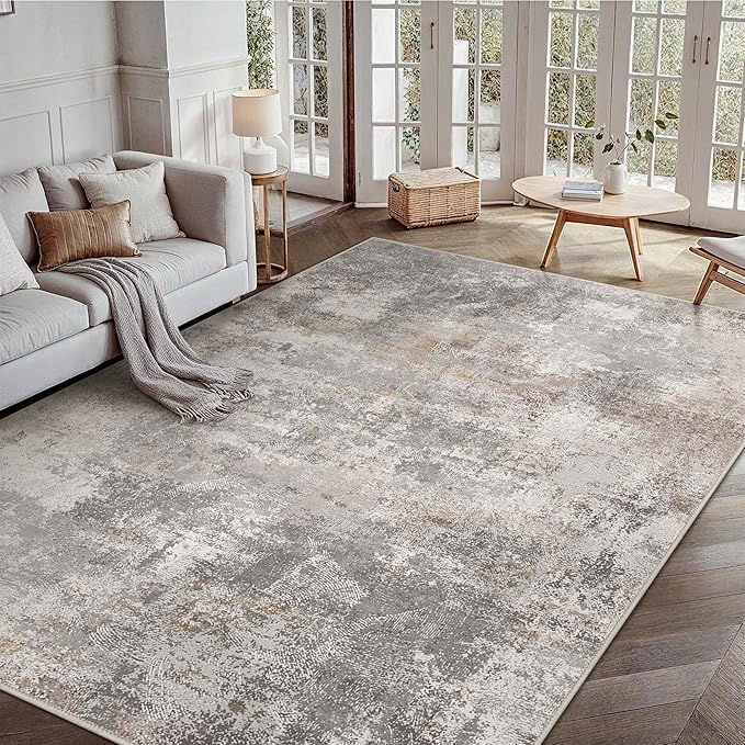 GENIMO Washable 8x10 Area Rugs for Living Room, Non Slip Modern Abstract Rug, Machine Washable Stain Resistant Low Pile Soft Carpet for Bedroom, Dining, Office, Light Grey Brown