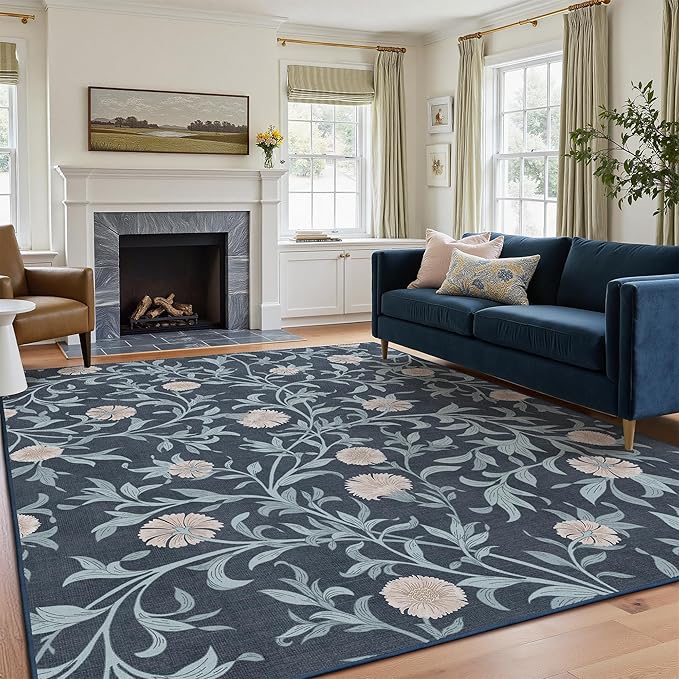 GENIMO 5x7 Vintage Floral Area Rug, Soft Microfiber Washable Rug with Non-Slip Backing, Blue and Black Carpet for Living Room, Bedroom and Dining Room