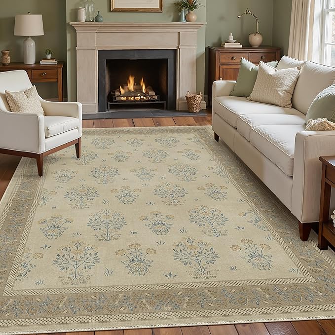 GENIMO Brown Floral Area Rug for Living Room, 6X9 Washable Rug Vintage Boho Area Rug with Non-Slip Backing, Soft Carpet for Indoor Bedroom, Dining Room,Girls Kids Room and Nursery Room