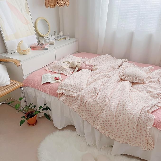 AOJIM Baby Muslin Duvet Cover with Pink Floral Patterns, 1pc Pure Cotton Kids Bedding Comforter Cover 2-layer Gauze 47X59'', Ruffled Design Baby Duvet Protector for Girls Boys, No Quilt or Pillowcases
