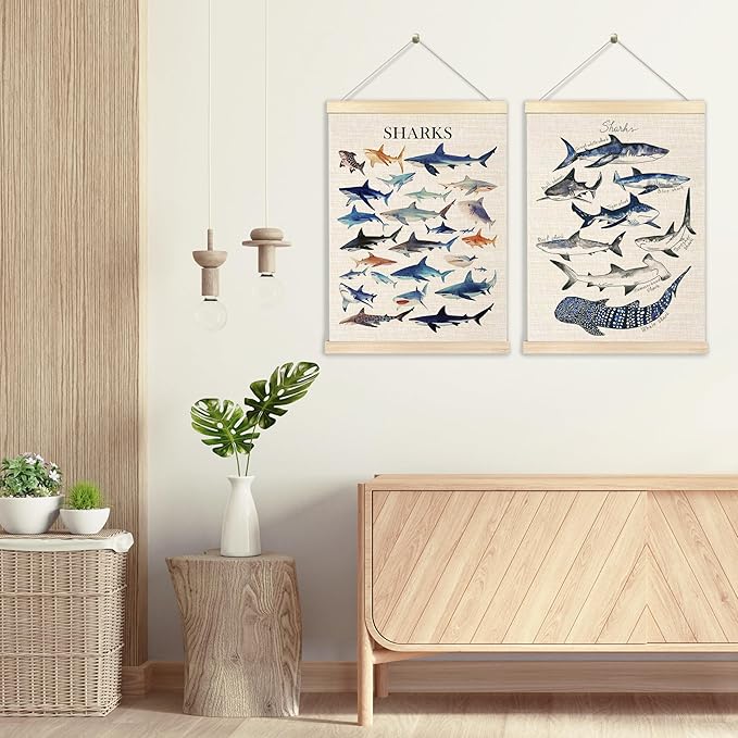 Ecezatik Shark Wall Art Set of 2, Shark Posters, Hanging Wall Art Decor for Classroom, Nursery, Kids Room, Playroom, Beach, Ocean Room Decor, 12x16 Inch