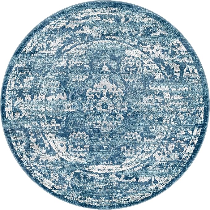 Rugs.com Charleston Collection Rug – 5 Ft Round Navy Blue Low-Pile Rug Perfect for Kitchens, Dining Rooms