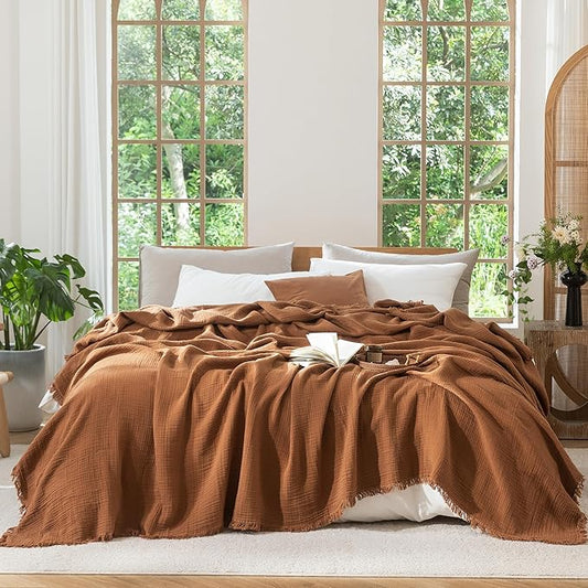 MooMee Muslin Blanket - 100% Cotton 4-Layer Gauze Throw Blanket with All-Around Fringe, Ultra-Soft Breathable Lightweight Cooling Decorative for Bed, Sofa & Couch (Drak Orange, Queen 90" x 90")