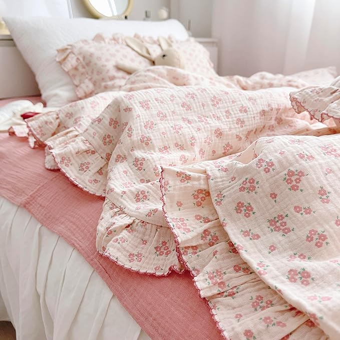 AOJIM Floral Print Kids Duvet Cover for Girls Boys, Pink Muslin Cotton Baby Toddler Bedding Comforter Cover 2-Layer Gauze 59X79'', Ruffled Edges Soft Crib Duvet Protector 1pc, No Quilt or Pillowcases