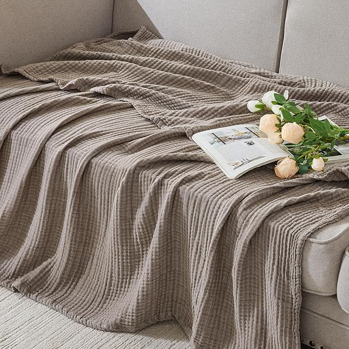 EMME Cotton Muslin King Blanket Breathable Gauze Soft Lightweight Blankets Adults Gifts for Women (Heather Brown, 108"x90")
