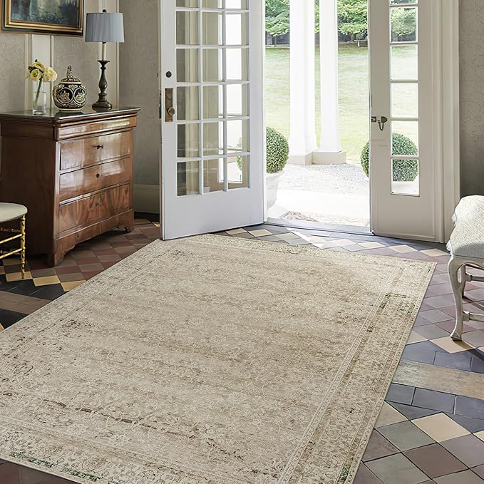 Cream and Light Tan Boho Front Door Mat for Indoor Entrance Washable Non Slip Cute Vintage Floral Aesthetic Area Rugs for Entryway Entry 4x6
