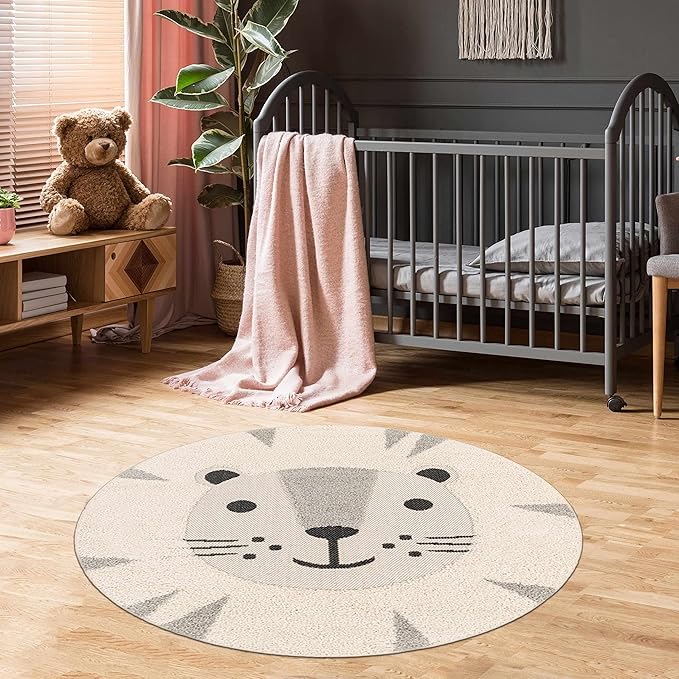 Hauteloom Kids Room, Nursery Round Area Rug - Outdoor Patio Safe - Animal Baby Lion Playroom Carpet - Beige, Gray, Black, Cream - 7'10"