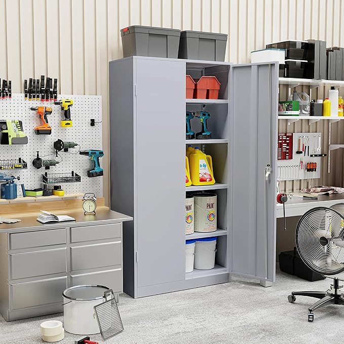 Crownland 72" Metal Storage Cabinet, Lockable Garage Storage Cabinets, High Office Cabinet with Adjustable Shelves for Garage, Home Office, Pantry, File(Cement Grey)