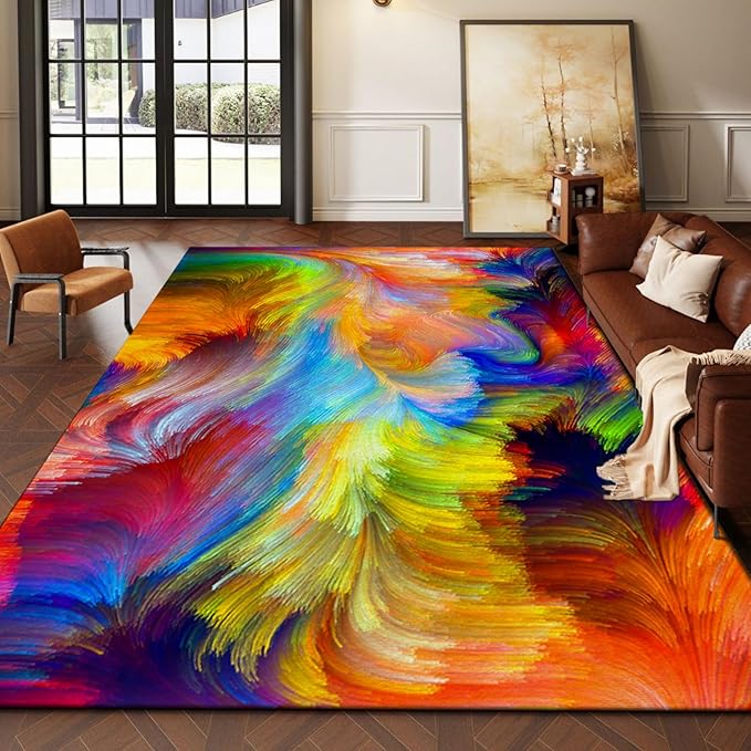 Abstract Ink Area Rugs4x6ft Modern Style Art Multicolor Paint Background Rug,Colorful Aurora Color Swirl Watercolor Wave Mats,Home Decor Machine Washable Carpet