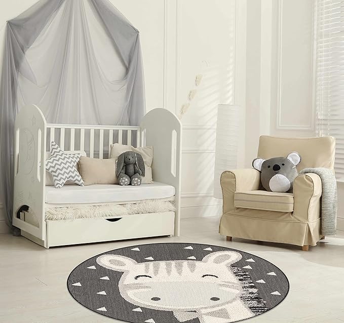 Hauteloom Kids Room, Nursery Round Area Rug - Outdoor Patio Safe - Animal Baby Bowtie Giraffe Playroom Carpet - Beige, Gray, Black, Cream - 3'11"