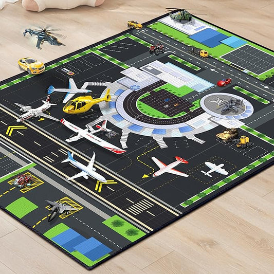 Play Rug for Playroom 3x4 Airport Carpet for Boys Bedroom with Combined City Road Traffic System Aircraft Runway Playmat Rugs Carpet Non-Slip Washable Area Mat