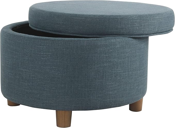 Homepop Home Decor | Upholstered Round Storage Ottoman | Ottoman with Storage for Living Room & Bedroom (Teal Linen) Large