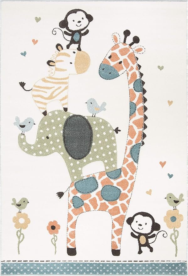 SAFAVIEH Carousel Kids Collection Area Rug - 8' x 10', Ivory, Animal Design, Non-Shedding & Easy Care, Ideal for High Traffic Areas for Boys & Girls in Playroom, Nursery, Bedroom (CRK120A)