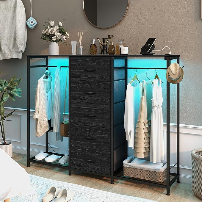 Dresser for Bedroom with Clothes Rack 5 Drawer Dresser with Charging Station LED Lights White Chest of Drawers Flexible Shelf and Open Storage Space for Bedroom Living Room (Charcoal Black)