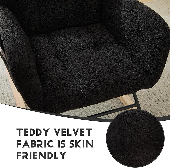 Nursery Rocking Chair Teddy Upholstered Reading Glider Rocker with Footrest Accent Chair with High Backrest Armchair Comfy Side Pocket Chair for Living Room, Bedroom, Offices (Large Black)