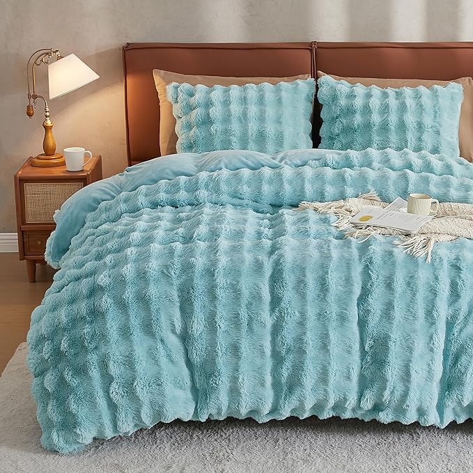 JELLYMONI Plush Duvet Cover Set - Queen Size Baby Blue Fur Comforter Cover 3pcs Bedding Set Luxury Ultra Soft Striped Fluffy Duvet Cover with Zipper and 2 Pillowcases (NO Comforter)