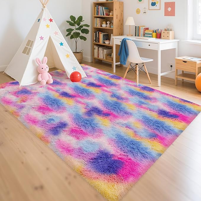 Dark Rainbow Rug for Kids Room 6x9 Cute Fluffy Kids Area Rugs for Bedroom Girls Boys Teens Dorm Toddler Nursery Soft Plush Fuzzy Shag Carpet for Living Room Indoor Floor Shaggy Rug Non Slip
