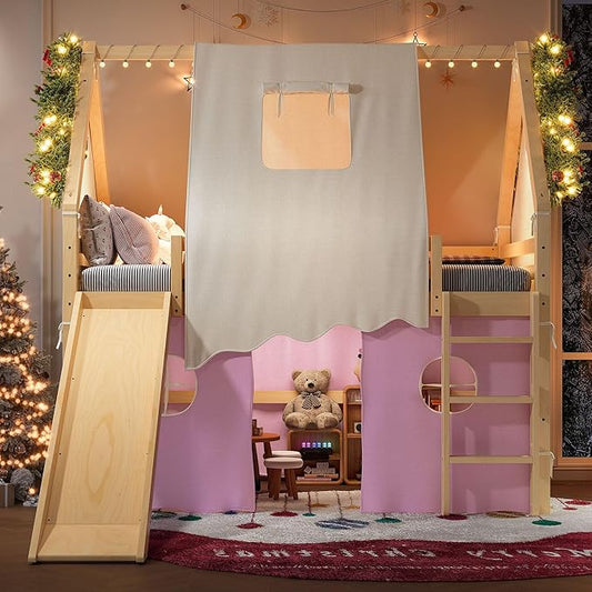 Playhouse Design Full Size Loft Bed with Slide & Tent, Solid Wood Tent Bed Frame for Kids Boys Girls, Versatile Spacious Under Bed Space, Chic Design with Lights (Natural+Pink-Full)