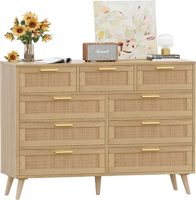 Rovaurx 9 Drawers Dresser for Bedroom, Boho Chest of Drawers with Metal Handles, Wooden Storage Organizer with Rattan Drawers for Closet, Living Room, Hallway, Natural RDG009M