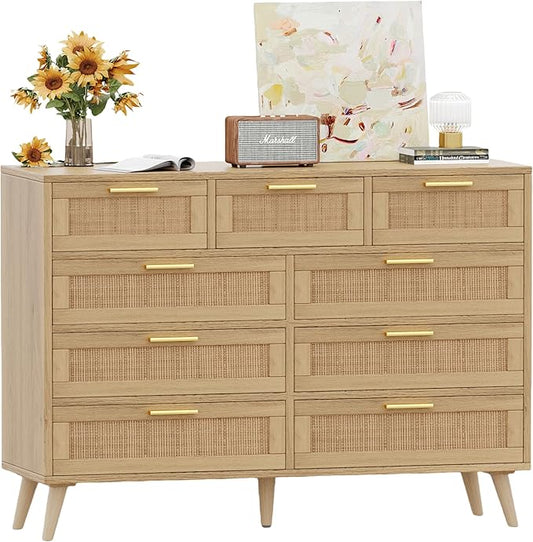 Rovaurx 9 Drawers Dresser for Bedroom, Boho Chest of Drawers with Metal Handles, Wooden Storage Organizer with Rattan Drawers for Closet, Living Room, Hallway, Natural RDG009M