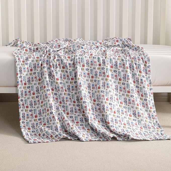 NTBAY 2 Layer Muslin Cotton Baby Swaddle Blanket, 42x60 Soft and Breathable Receiving for Newborns and Infants, Perfect for Crib, Stroller, Travel, Lightweight Nursery Blanket, Cartoon Train