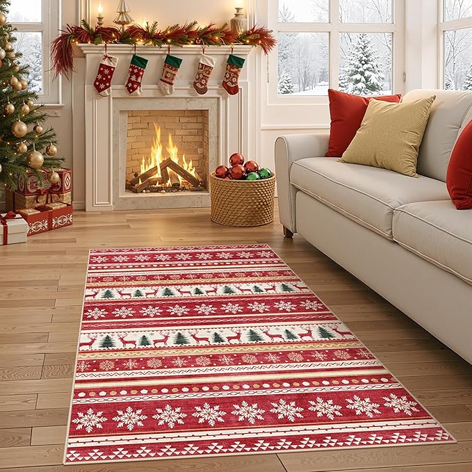 Area Rugs for Living Room Washable Living Room Rug Soft Neutral Indoor Floor Carpet Non-Slip Stain Resistant Modern Boho Rugs for Bedroom Dining Room Kids Room Nursery Office Home Red Green